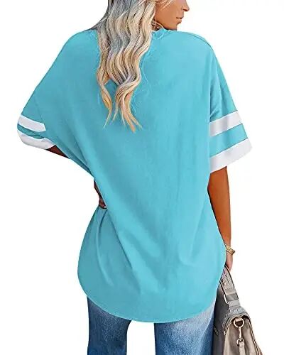 Fisoew Womens Oversized Tees Loose T Shirts Half Sleeve Crew Neck Color Block Cotton Tunic Tops - Fisoew