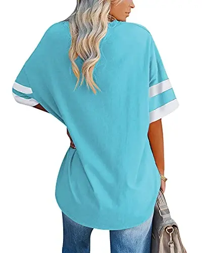 Fisoew Womens Oversized Tees Loose T Shirts Half Sleeve Crew Neck Color Block Cotton Tunic Tops - 1