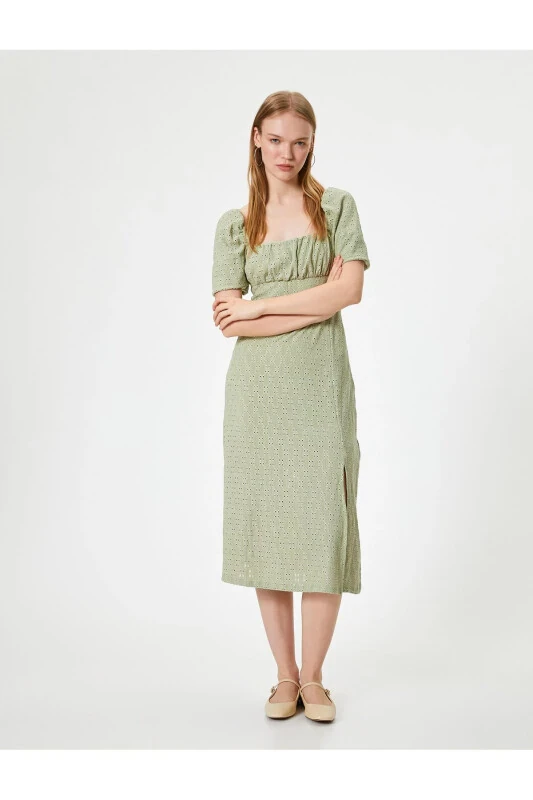 Fisto Elbise Balon Kol Midi Kare Yaka Slim Fit Yırtmaç Detaylı - Koton