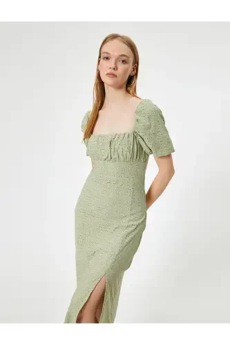 Fisto Elbise Balon Kol Midi Kare Yaka Slim Fit Yırtmaç Detaylı - Koton (1)