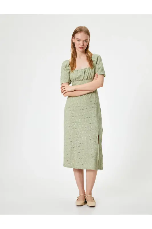 Fisto ko'ylak balon yengli midi kvadrat yoqali slim fit yirtqich detallari - 1