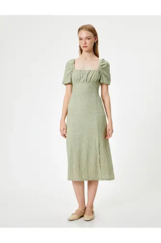 Fisto ko'ylak balon yengli midi kvadrat yoqali slim fit yirtqich detallari - 3