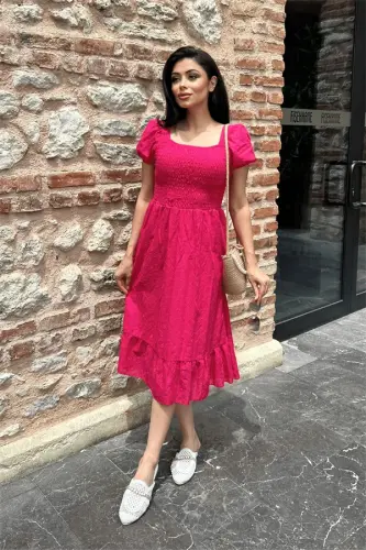Fisto mato ko'krak lastikli burmali midi ko'ylak - FUCHSIA - 1
