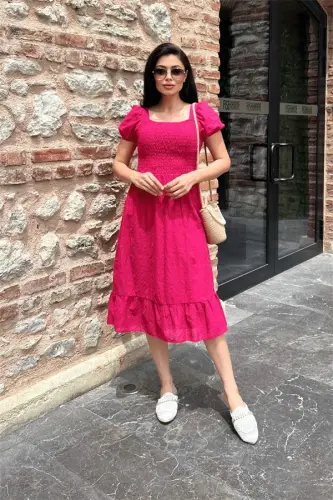 Fisto mato ko'krak lastikli burmali midi ko'ylak - FUCHSIA - BÜYÜKBEDENIZ (1)