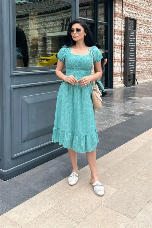 Fisto Mato Ko'krak Rezina Burmali Midi Ko'ylak - SUV YASHIL - BÜYÜKBEDENIZ