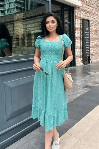 Fisto Mato Ko'krak Rezina Burmali Midi Ko'ylak - SUV YASHIL - 4