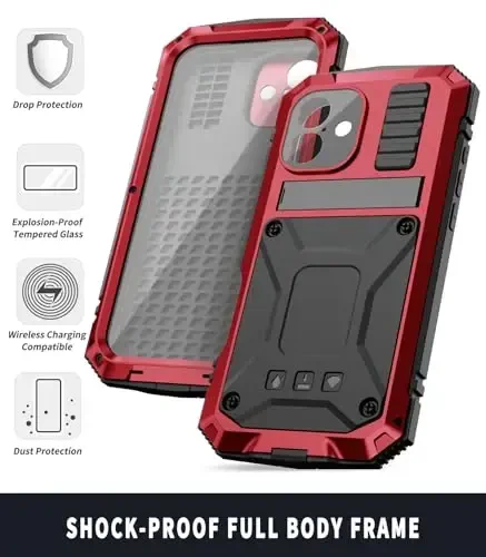 fit for iPhone 16 Case 6.1inch Heavy Duty Rugged [Aluminium Stan] Military Grade Metal Rubber [Built in Screen Protector Camera Lens ] Phone Cover (, fit for iPhone 16 6.1'' 2024) Red - 6