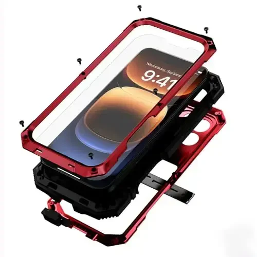 fit for iPhone 16 Pro Case 6.3inch Heavy Duty Rugged [Aluminium Stan] Military Grade Metal Rubber [Built in Screen Protector Camera Lens ] Phone Cover (, fit for iPhone 16 Pro 6.3'' 2024) Red - 1