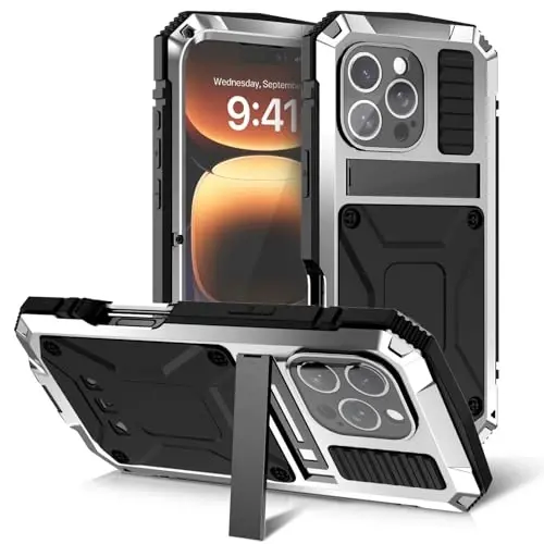 fit for iPhone 16 Pro Case 6.3inch Heavy Duty Rugged [Aluminium Stan] Military Grade Metal Rubber [Built in Screen Protector Camera Lens ] Phone Cover (, fit for iPhone 16 Pro 6.3'' 2024) Silver - 8