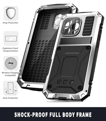 fit for iPhone 16 Pro Case 6.3inch Heavy Duty Rugged [Aluminium Stan] Military Grade Metal Rubber [Built in Screen Protector Camera Lens ] Phone Cover (, fit for iPhone 16 Pro 6.3'' 2024) Silver - 6