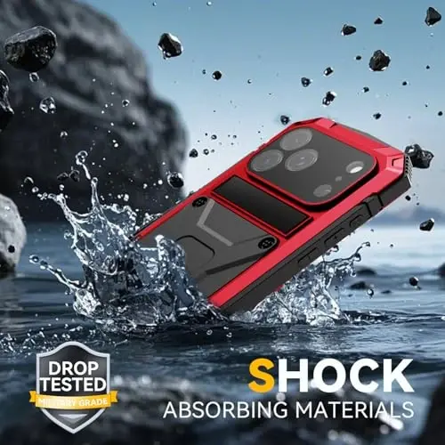 fit for iPhone 17 Pro Case 6.3 inch Heavy Duty Rugged [Aluminium Stand] Military Grade Metal Rubber [Built in Screen Protector Camera Lens] Phone Cover (fit for iPhone 17 Pro 6.3'' 2025) Red - 3