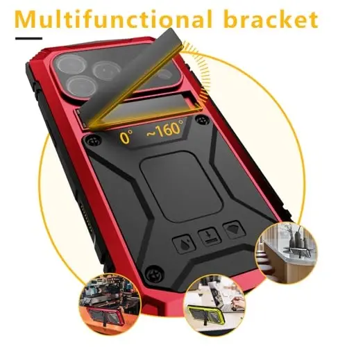 fit for iPhone 17 Pro Case 6.3 inch Heavy Duty Rugged [Aluminium Stand] Military Grade Metal Rubber [Built in Screen Protector Camera Lens] Phone Cover (fit for iPhone 17 Pro 6.3'' 2025) Red - 4