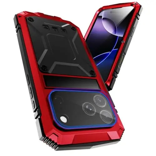 fit for iPhone 17 Pro Case 6.3 inch Heavy Duty Rugged [Aluminium Stand] Military Grade Metal Rubber [Built in Screen Protector Camera Lens] Phone Cover (fit for iPhone 17 Pro 6.3'' 2025) Red - 5