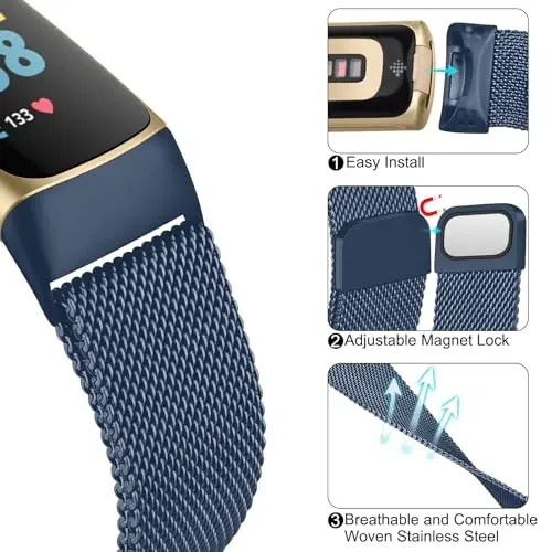 Metal Band for Fitbit Charge 5 Bands for Women Men, Stainless Steel Wristband Mesh Bracelet Replacement Strap for Fitbit Charge 5 - 6