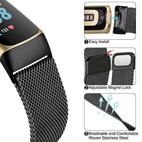 Metal Band for Fitbit Charge 5 Bands for Women Men, Stainless Steel Wristband Mesh Bracelet Replacement Strap for Fitbit Charge 5 - 6