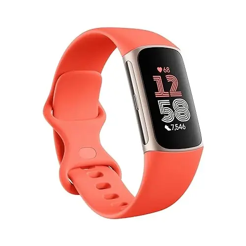 Fitbit Charge 6 Fitness Tracker with Google apps, Heart Rate on Exercise Equipment, 6-Months Premium Membership Included, GPS, Health Tools and More, Gold/Coral, One Size (S & L Bands Included) - 1