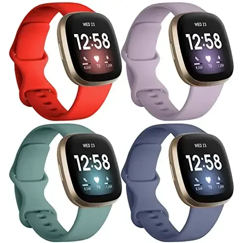 Dirrelo Bands Compatible with Fitbit Sense/Versa 3, Soft TPU Sport Strap Band, Replacement Versa 3 Sense Smartwatch Wristband for Women Men, 4Pack Small, Lavender Pinegreen Red Bluegrey - 1