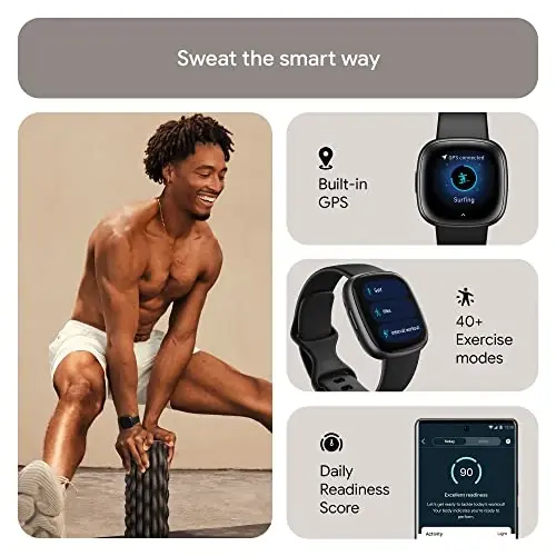 Fitbit Versa 4 Fitness Smartwatch with Daily Readiness, GPS, 24/7 Heart Rate, 40+ Exercise Modes, Sleep Tracking and more, Black/Graphite, One Size (S & L Bands Included) - 2