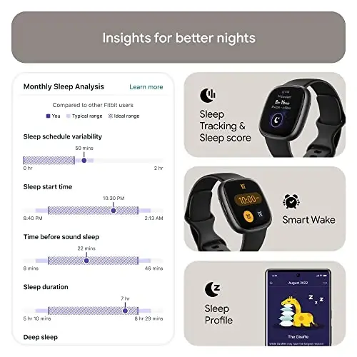 Fitbit Versa 4 Fitness Smartwatch kunlik tayyorlik, GPS, 24/7 yurak urishi, 40+ mashq rejimi, uyquni kuzatish va boshqalar bilan, qora/grafit, bir o'lcham (S & L tasmalar kiritilgan) - 3