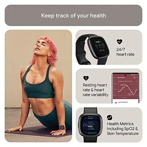 Fitbit Versa 4 Fitness Smartwatch kunlik tayyorlik, GPS, 24/7 yurak urishi, 40+ mashq rejimi, uyquni kuzatish va boshqalar bilan, qora/grafit, bir o'lcham (S & L tasmalar kiritilgan) - 4