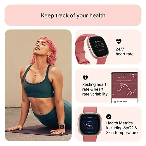 Fitbit Versa 4 Fitness Smartwatch, kunlik tayyorlik, GPS, 24/7 yurak urishi, 40+ mashq rejimi, uyquni kuzatish va boshqalar, pushti qum/mis gul, bitta o'lcham (S & L tasmalari kiritilgan) - 4