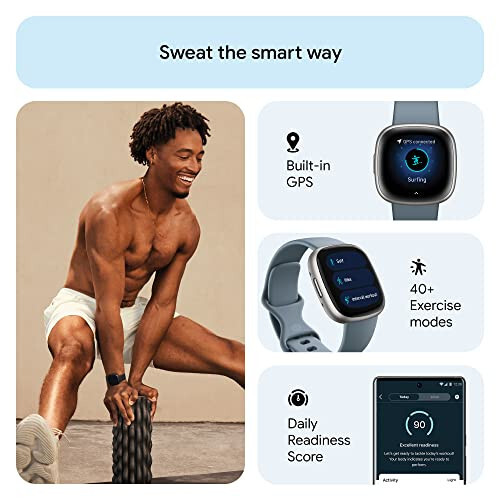 Fitbit Versa 4 Fitness Smartwatch kunlik tayyorlik, GPS, 24/7 yurak urishi tezligini kuzatish, 40 dan ortiq mashq qilish rejimlari, uxlashni kuzatish va boshqalar bilan, Waterfall Blue/Platinum, bitta o'lcham (S va L bantlari kiritilgan) - 2