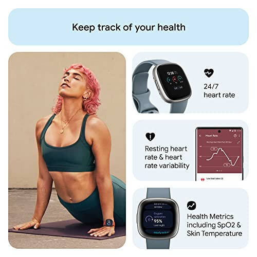 Fitbit Versa 4 Fitness Smartwatch kunlik tayyorlik, GPS, 24/7 yurak urishi tezligini kuzatish, 40 dan ortiq mashq qilish rejimlari, uxlashni kuzatish va boshqalar bilan, Waterfall Blue/Platinum, bitta o'lcham (S va L bantlari kiritilgan) - 4