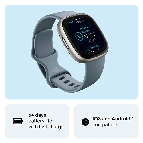 Fitbit Versa 4 Fitness Smartwatch kunlik tayyorlik, GPS, 24/7 yurak urishi tezligini kuzatish, 40 dan ortiq mashq qilish rejimlari, uxlashni kuzatish va boshqalar bilan, Waterfall Blue/Platinum, bitta o'lcham (S va L bantlari kiritilgan) - 6