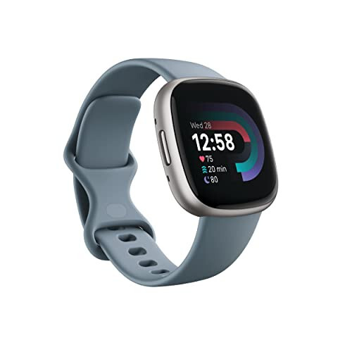 Fitbit Versa 4 Fitness Smartwatch kunlik tayyorlik, GPS, 24/7 yurak urishi tezligini kuzatish, 40 dan ortiq mashq qilish rejimlari, uxlashni kuzatish va boshqalar bilan, Waterfall Blue/Platinum, bitta o'lcham (S va L bantlari kiritilgan) - FITBIT