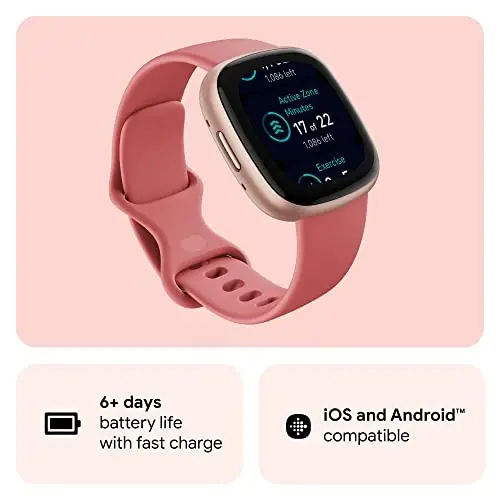 Fitbit Versa 4 Fitness Smartwatch with Daily Readiness, GPS, 24/7 Heart Rate, 40+ Exercise Modes, Sleep Tracking and more, Pink Sand/Copper Rose, One Size (S & L Bands Included) - 1