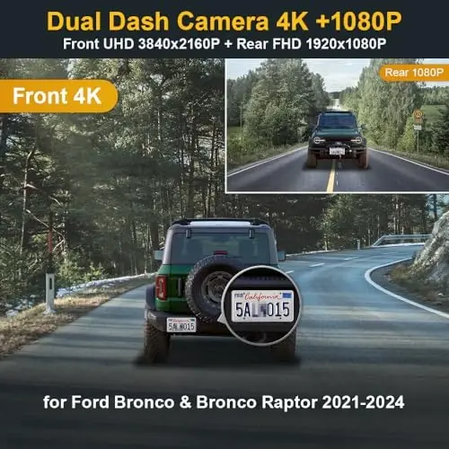 Fitcamx 2160P+Задняя 1080P камера для Ford Bronco & Rapor 2021-2024 (Не для Bronco Sport) HD2-14873, OEM стиль, Двойное HD видео, WiFi и APP, Циклическая запись, G-сенсор, Карта 128ГБ - 3