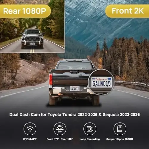 Fitcamx Front 2K+Rear 1080P Dash Cam Adapts for Toyota Tundra 2022-2026 Hybrid & Sequoia 2023-2026 (Gen3), OEM Style, Dual HD Video, WiFi & APP, Loop Recording, G-Sensor, Easy to Set, 64GB Card - FITCAMX