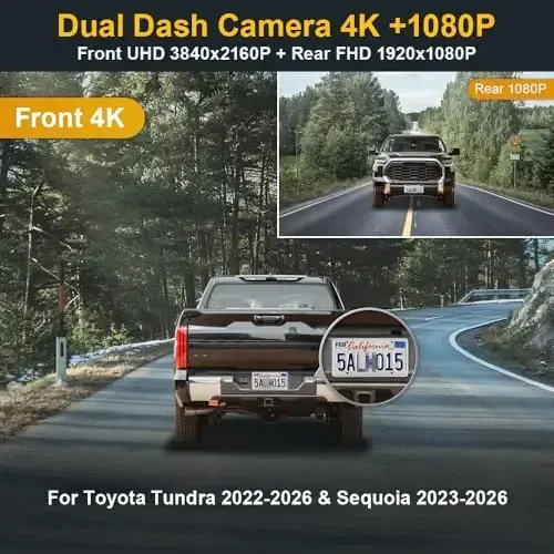 Fitcamx Front 4K+Rear 1080P Dash Cam Adapts for Toyota Tundra 2022-2026 Hybrid & Sequoia 2023-2026 (Gen3), OEM Look, 2 Way HD Video, WiFi & APP, Loop Recording, G-Sensor, Easy to Use, 128GB Card - FITCAMX