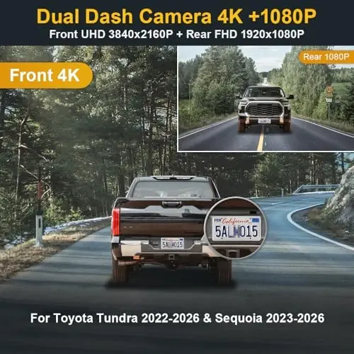 Fitcamx Front 4K+Rear 1080P Dash Cam Adapts for Toyota Tundra 2022-2026 Hybrid & Sequoia 2023-2026 (Gen3), OEM Look, 2 Way HD Video, WiFi & APP, Loop Recording, G-Sensor, Easy to Use, 128GB Card - 1