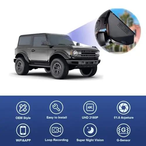 Fitcamx Front 2K+Rear 1080P Dash Cam for 2021-2024 Ford Bronco & Rapor (Not for Bronco Sport) HD2-14873, OEM Style, Dual HD Video, WiFi & APP, Loop Recording, G-Sensor, Easy to Set, 64GB Card - 2