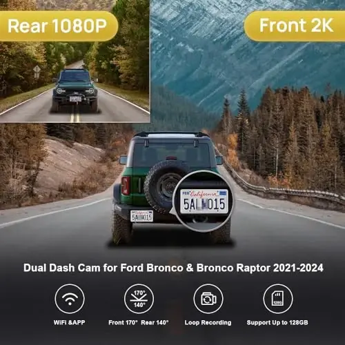 Fitcamx Front 2K+Rear 1080P Dash Cam for 2021-2024 Ford Bronco & Rapor (Not for Bronco Sport) HD2-14873, OEM Style, Dual HD Video, WiFi & APP, Loop Recording, G-Sensor, Easy to Set, 64GB Card - 3