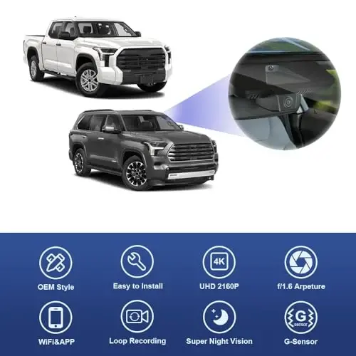Fitcamx Toyota Tundra 2022-2026 Hybrid & Sequoia 2023-2026 (Gen3) uchun mos 4K Dash Cam, OEM zavod ko'rinishi, 2160P UHD Video, WiFi & APP, Loop Recording, G-Sensor, Plug & Play, SD karta yo'q - 1