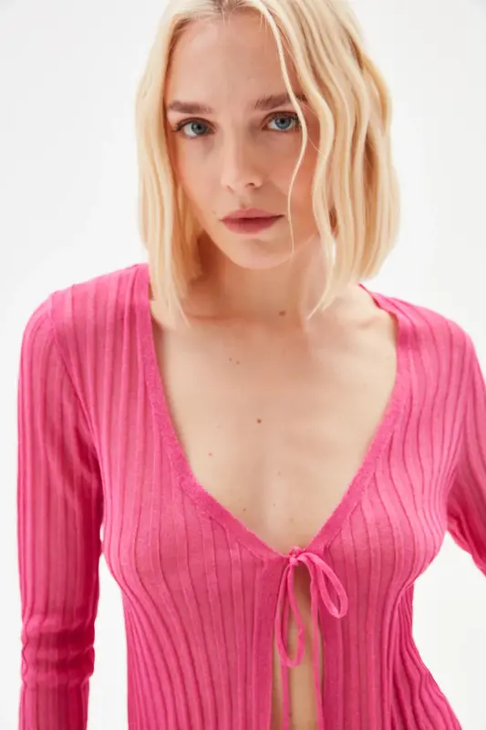 Fitili Ince Triko Hırka - 007-Pembe - 8