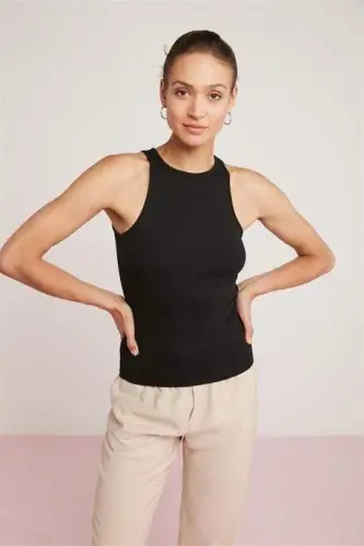Fitilli Atlet Halter Yaka 2'li Siyah Kadın Tişört - 8