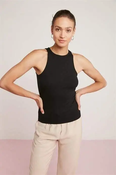 Fitilli Atlet Halter Yaka 2'li Siyah Kadın Tişört - 8