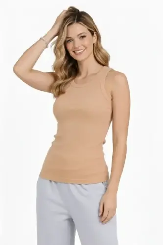 Fitilli Atlet Sıfır Yaka Slim Fit Arka Baskılı Spor Atlet - Bej - 3