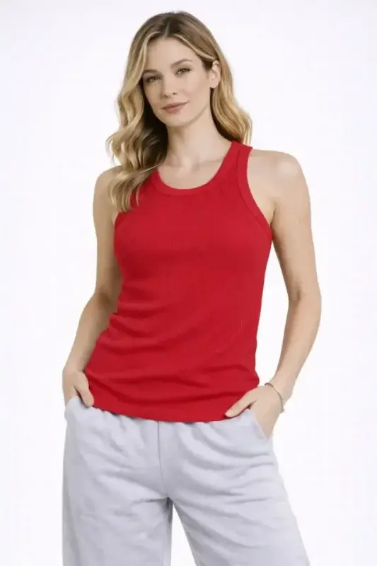 Fitilli Atlet Sıfır Yaka Slim Fit Arka Baskılı Spor Atlet - Kırmızı - 4