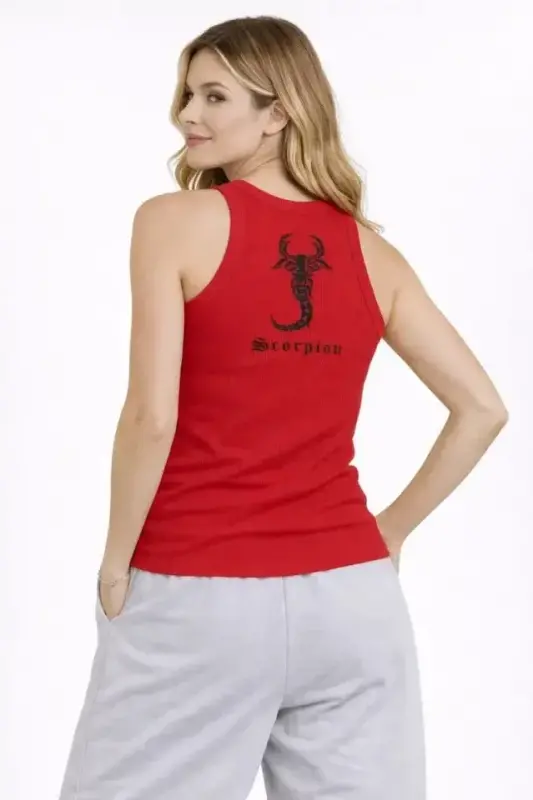 Fitilli Atlet Sıfır Yaka Slim Fit Arka Baskılı Spor Atlet - Kırmızı - 3