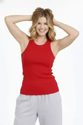 Fitilli Atlet Sıfır Yaka Slim Fit Arka Baskılı Spor Atlet - Kırmızı - BÜYÜKBEDENIZ (1)