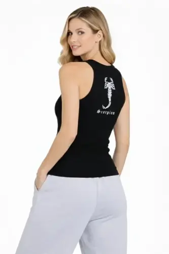 Fitilli Atlet Sıfır Yaka Slim Fit Arka Baskılı Spor Atlet - Siyah - BÜYÜKBEDENIZ (1)