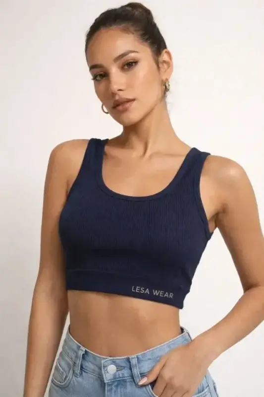 Fitilli Baskılı Crop - Lacivert - 3