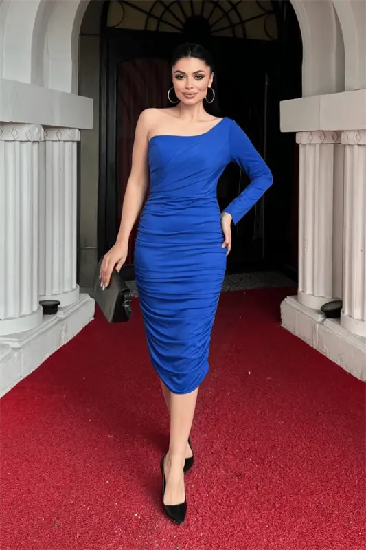 Fitilli Jarse Kumaş Büzgülü Kalem Elbise - SAKS MAVİ - 2