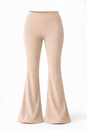 Fitilli Kaşkorse İspanyol Paça Tayt Yüksek Bel Esnek Günlük Rahat Pantolon - Bej - BÜYÜKBEDENIZ (1)