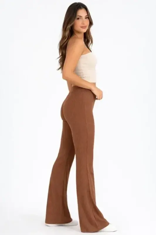 Fitilli Kaşkorse İspanyol Paça Tayt Yüksek Bel Esnek Günlük Rahat Pantolon - Kahverengi - 1
