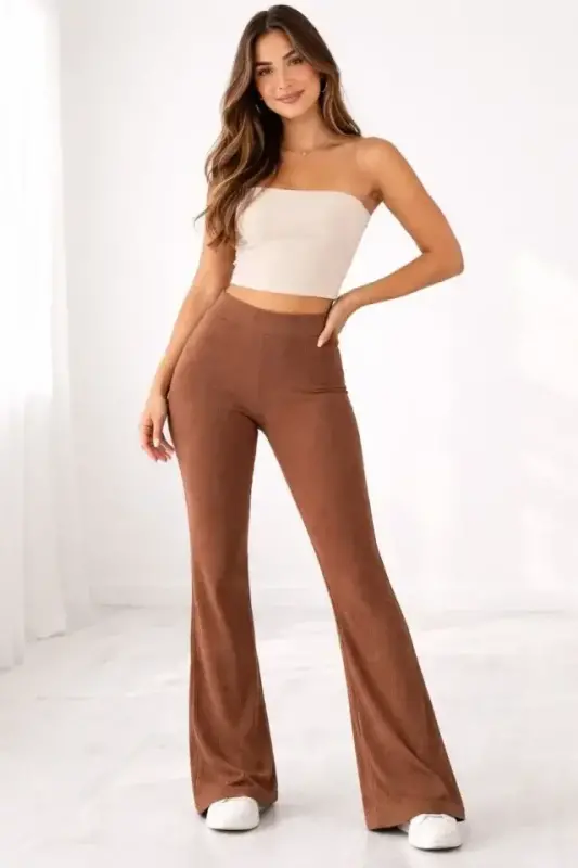 Fitilli Kaşkorse İspanyol Paça Tayt Yüksek Bel Esnek Günlük Rahat Pantolon - Kahverengi - 2